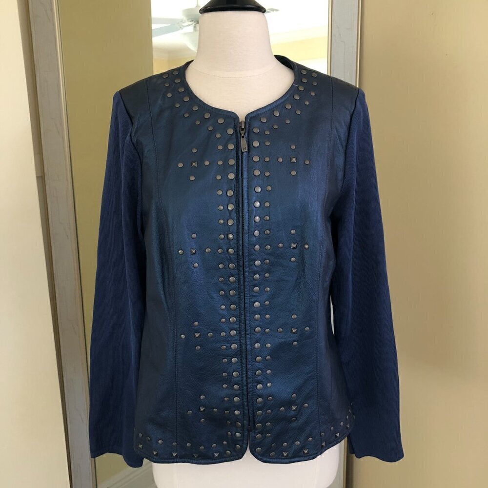 Peter Nygard Blue Studded Leather Knit Zip Stretch Blazer Jacket Size M Gorpcore - Picture 3 of 11